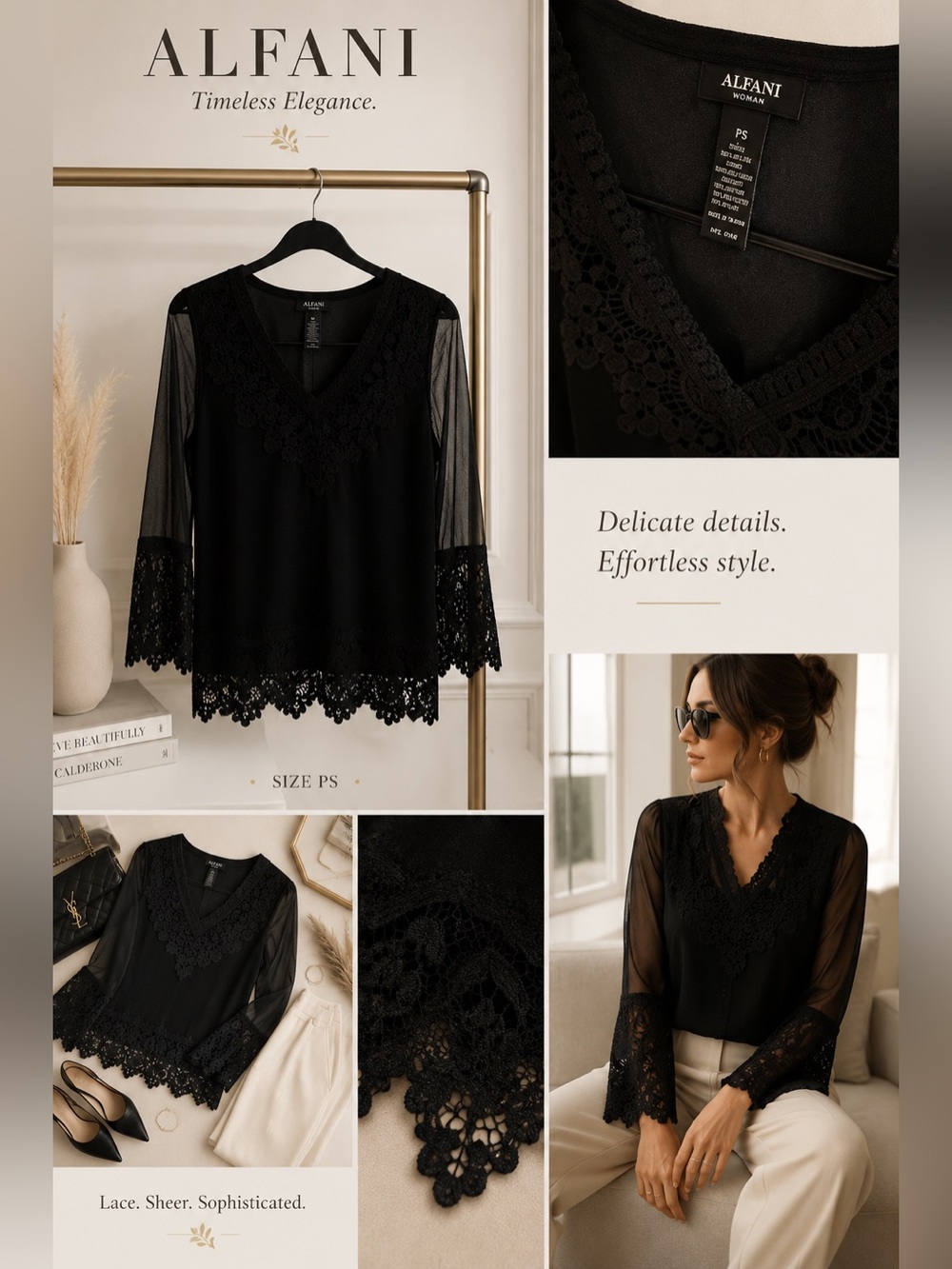 Alfani Black Lace-Trim V-Neck Sheer Sleeve Blouse